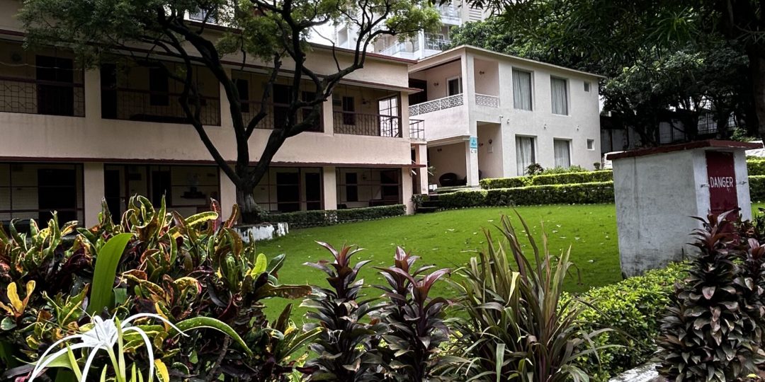 Yoga students practicing meditation at Yoga Niketan Ashram on the banks of the holy Ganga.