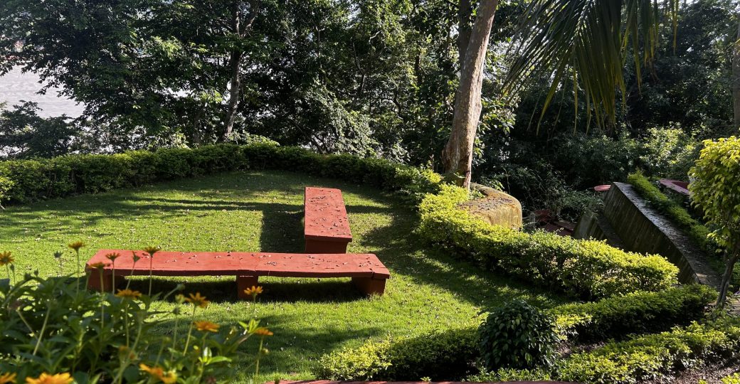 Yoga students practicing meditation at Yoga Niketan Ashram on the banks of the holy Ganga.