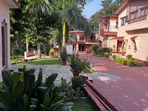Yoga students practicing meditation at Yoga Niketan Ashram on the banks of the holy Ganga.